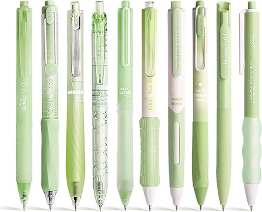 10 Count Pastel Gel Ink Pen Set,Cute Note Taking 0.5mm Fine Point Retractable 10 Count Black Ink Pens with for Writing, Journaling, School, Office (Green)