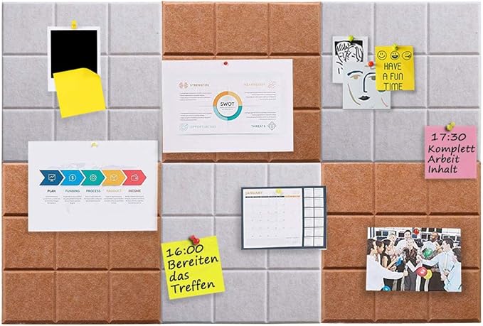 Large 11.8"x11.8" Felt Board Tiles for Wall with 30 Push Pins, Pack of 6 Pin Board Notice Boards for Home Office Kitchen, Bulletin Board Wall Tiles for Photos Memos