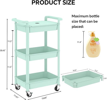 3-Tier Utility Rolling Cart with Cover Top Board, Mobile Utility Cart with Lockable Casters Multi-Functional Storage Trolley for Office, Bathroom, Kitchen, Garden, Laundry Room (Green)