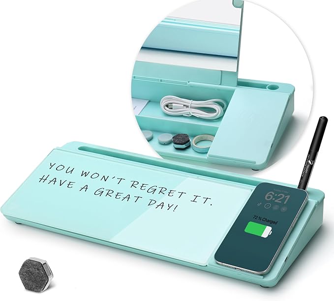 TOWON Desktop Glass Whiteboard with Charger Pad, Whiteboard for Desk with Charging Station, Desk Buddy Dry Erase with Charger for Home Office, Dry Erase Computer Desk Notepad, Teal Blue, 17 x 6 in