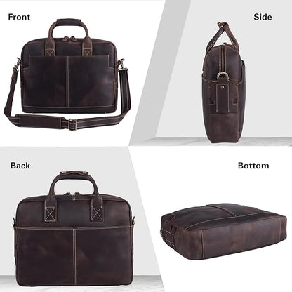 Polare Leather Briefcase for Men Business Travel Messenger Bags 15.6 Inch Laptop Bag YKK Metal Zipper