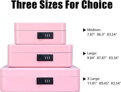 KYODOLED Metal Cash Box with Combination Lock Money Box for Cash Safe Metal Box with Money Tray for Security Lock Box 11.81"x 9.45"x 3.54" Pink X Large