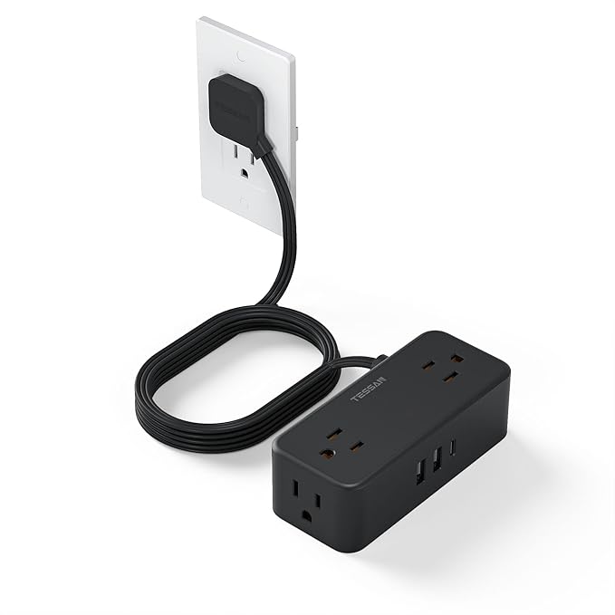 Extension Cord 10 FT with Multiple Outlets, TESSAN Flat Plug Power Strip Surge Protector with 4 Wide Spaced AC Outlets 3 USB Ports(1 USB C), Surge Protection for Home Office Dorm Room, Black