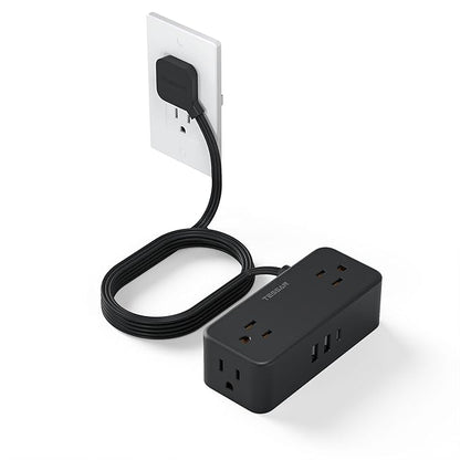 Extension Cord 10 FT with Multiple Outlets, TESSAN Flat Plug Power Strip Surge Protector with 4 Wide Spaced AC Outlets 3 USB Ports(1 USB C), Surge Protection for Home Office Dorm Room, Black
