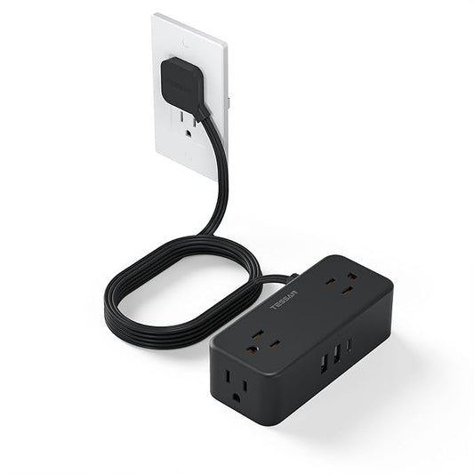 Extension Cord 10 FT with Multiple Outlets, TESSAN Flat Plug Power Strip Surge Protector with 4 Wide Spaced AC Outlets 3 USB Ports(1 USB C), Surge Protection for Home Office Dorm Room, Black