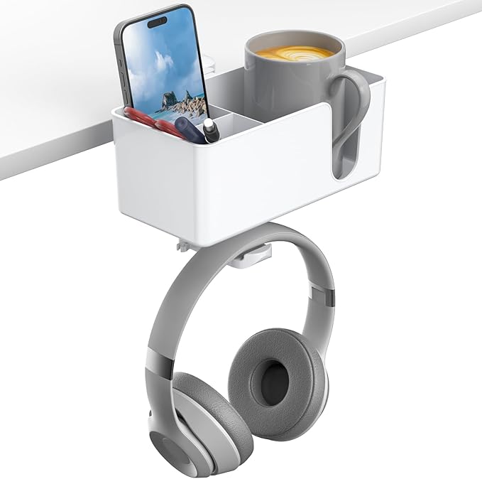 KDD 4 in 1 Desk Cup Holder - Clamp on Under Desk Headphone Hanger - Rotating Headphone Holder Detachable Pen Cup Holder Desk Storage for Cup, Phone and Pen(White)