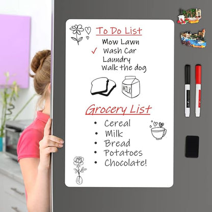 Magnetic Dry Erase Board Fridge White Board Sheet 20 x13 inch, Flexible Large Refrigerator Magnets Whiteboard Planner for Home Kitchen, 2 Markers and Eraser