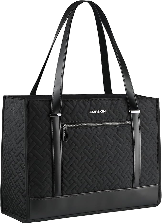 EMPSIGN Laptop Tote bag for women 16 Inch, Stylish Computer Shoulder Tote Bag for Work, Large Capacity Quilted Laptop Briefcase, Waterproof Women Business Office Bag, Quilted Black