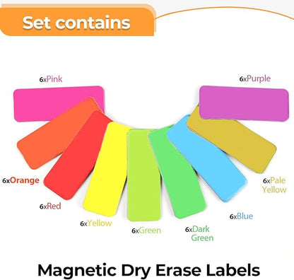 54pcs Magnetic Dry Erase Labels 9 Colorful Name Tags Flexible Reusable Magnetic Label Stickers for White Board Refrigerator Locker Size 3.2"x1.2" by Mositear