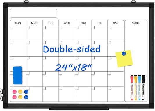 Monthly Calendar Dry Erase Whiteboard, 24" x 18" Magnetic Calendar White Board, Double-Sided Portable Board with Black Aluminium Frame for Office, Kitchen, School, Home