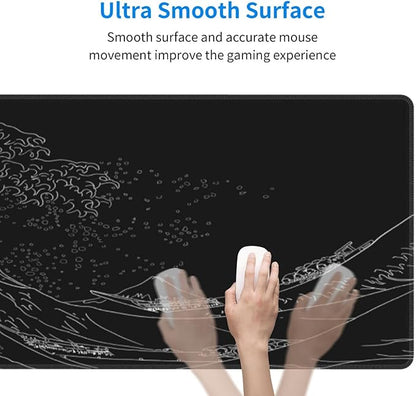 Extended Gaming Mouse Pad, Large Gaming Mouse Waterproof with Stitched Edges, Non-Slip Desktop Pad for Home and Office, Level Up Your 31.5x11.8 Inch… (Black Wave)