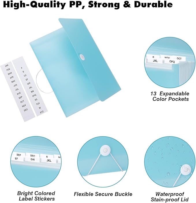 2 PCS Expanding File Folder A4,13 Pockets File Organiser with Colored Tags, Paperwork A4 Plastic Wallet Document Storage Expander for School,Office and Home, Light Blue