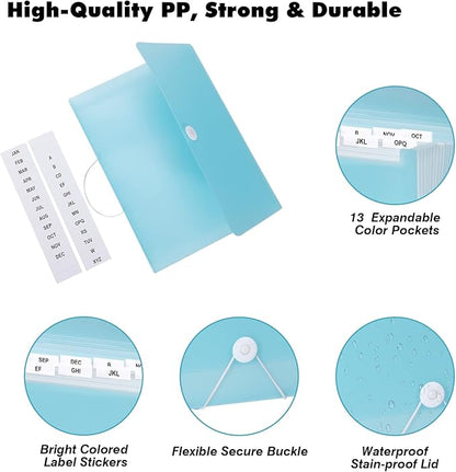 2 PCS Expanding File Folder A4,13 Pockets File Organiser with Colored Tags, Paperwork A4 Plastic Wallet Document Storage Expander for School,Office and Home, Light Blue
