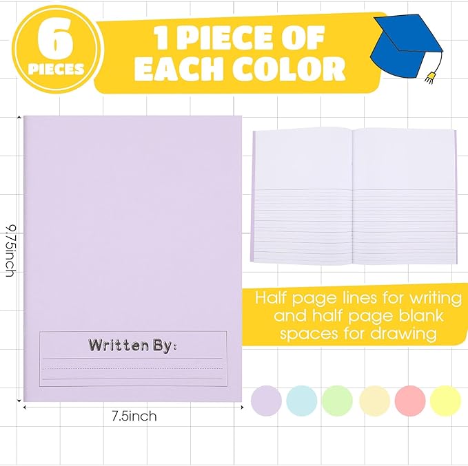 Henoyso 6 Pcs Primary Composition Notebook K-2 9 3/4 x 7 1/2 Inch Primary Journal Blank Writing Book for Kid to Write Draw and Journal 60 Page Notebook Back to School Supplies (Pastel Color)