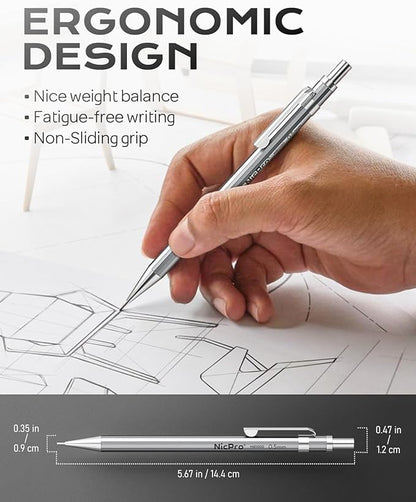 Nicpro 2 PCS 0.5 mm Metal Mechanical Pencils Set, Drafting Pencil for Artist Writing, Sketching, Drawing, with 4 Tubes HB Lead Refill & Erasers, Erasers Refills & Storage Case