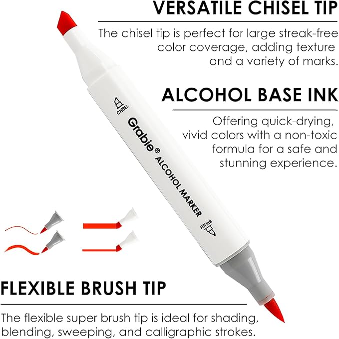 Grabie Alcohol Based Marker with Case and Coloring Book, 48-color Double Tipped Alcohol Markers, Chisel & Brush Alcohol-based Art Marker Set for Adults Coloring Illustration