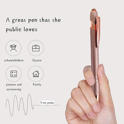 Ballpoint Pens with Stylus Tips，12 Pcs Rose Gold Retractable Metal Stylus Pen for Touch Screens, 1.0 mm Black Ink