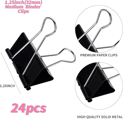 Binder Clips, Medium Binder Clips,24 Pcs 1.25 Inch,Black Metal Binder Clips and Paper Clips for Office, Home, School