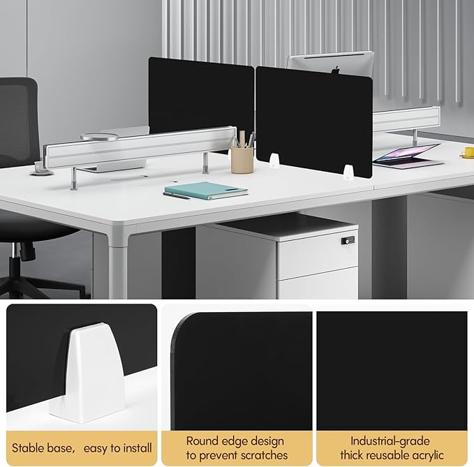 4PCS Desk Dividers Office Partitions, Privacy Desk Panel Protective Sneeze Guard, Acrylic Plexiglass Shield with Clamps for Offices Schools Call Centers - 23.6”L X15.8”W（Black）