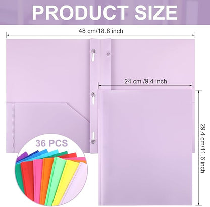 Cholemy 36 Pcs Plastic Pocket Folders with Prong 2 Heavy Duty Pockets Folders with 3 Prongs Letter Size Paper Folders Bulk File Plastic Folders with Fasteners for Office Workers (Colorful)