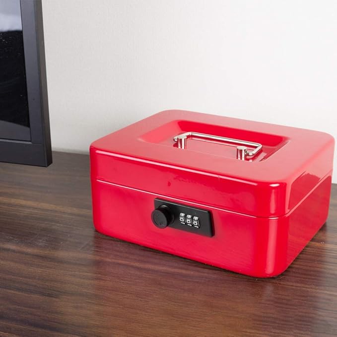 KYODOLED Medium Cash Box with Combination Lock Safe Metal Money Box with Money Tray for Security Lock Box 7.87"x 6.30"x 3.54" Red Medium