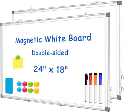 WALGLASS 2 Pack White Board, 24" x 18" Double-Sided Dry Erase White Board for Wall, Hanging Mounted Whiteboard, Horizontal or Vertical Silver Aluminium Frame for Home, School, Office, Kitchen