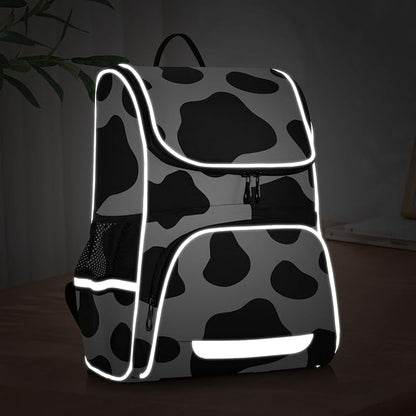 Cow Print Backpack with Reflective Strip for Kids Boys Girls Elementary School Bag Removable Chest Strap