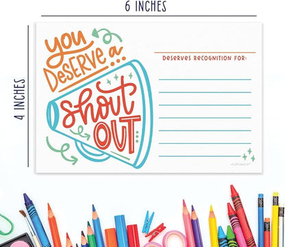 Positive Shout Out Cards For Teachers, Students, Employees, Office Staff - Kudos Appreciation and Recognition Reward Cards For School or Work Bulletin Board (50 Count)
