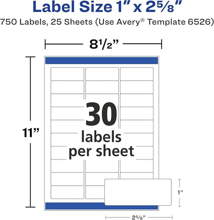 Avery Address Labels with Sure Feed and Easy Peel Technology, Glossy White Labels, 1" x 2-5/8", Permanent, Laser/Inkjet, 750 Glossy Labels (6526)
