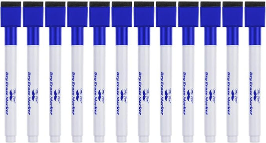 Mr. Pen Magnetic Dry Erase Markers, 12 Pack, Fine Tip, Blue with Eraser Cap