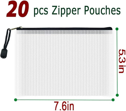 AUSTARK 20 Pcs Zipper File Bags, Plastic Mesh Pouch, Board Game Storage, Waterproof Bags for Office School (B6 Size 7.6''x5.3'', White and Black)