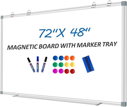 White Board Dry Erase Whiteboard for Wall 72" x 48" Aluminum Presentation Magnetic Whiteboards with 4 Hooks, 12 Magnets, 3 Markers & 1 Eraser
