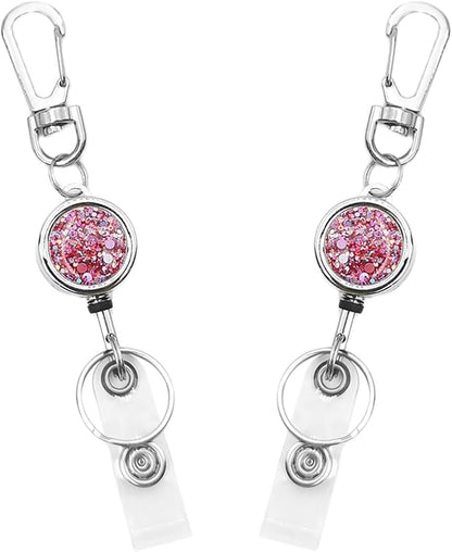 Retractable Badge Holder, Pretty Bling Pink ID Badge Reel with Retractable Cord for Name Card Keychain，Metal Retractable Key Ring for Women Nurse Teacher Student,2 Pack