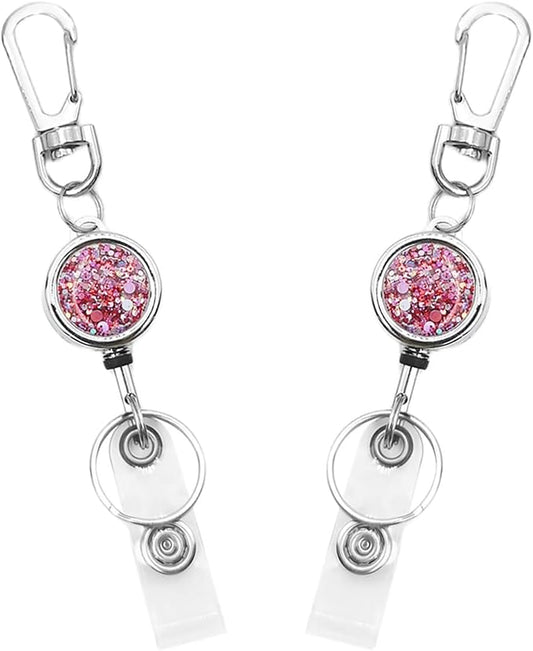 Retractable Badge Holder, Pretty Bling Pink ID Badge Reel with Retractable Cord for Name Card Keychain，Metal Retractable Key Ring for Women Nurse Teacher Student,2 Pack