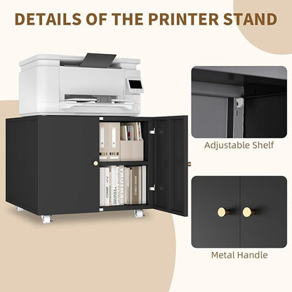 Small Space Printer Stand with Doors, Metal Fax Machine Stand with Storage, Low Printer Table, Black Modern Under Desk for Home Office, Small Carts for Scanner, Fax, Computer, Black