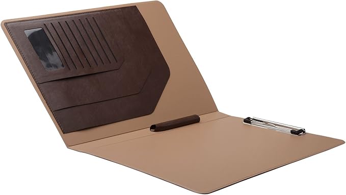 Folio Cover Case with Spring Clip Pad for Organizing Loose Documents Notepad,Writing Pad,Presentation Folder,Coffee