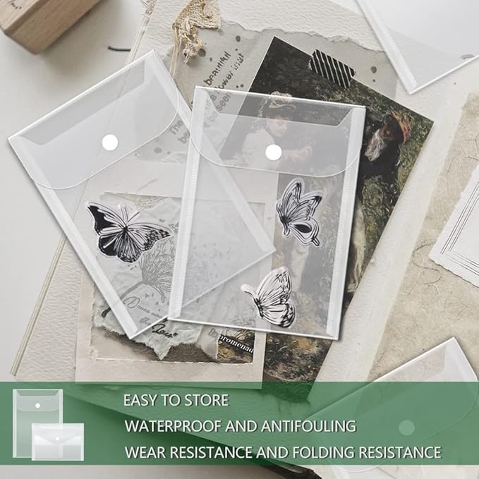 Vmiapxo 40 Pack Stamp and Die Storage Pockets, Reusable Small Plastic Envelopes Waterproof Sticker Organizer Receipt Holder Photo Storage Folders (Mixed Size)