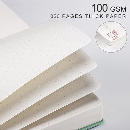 EMSHOI Bullet Dotted Journal Notebook - 320 Pages, 100gsm Thick Paper, A5 Hardcover Leather, Dot Grid Notebook for Women Men Work Writing, Bullet Journaling, Drawing, 5.75 x 8.38, Green
