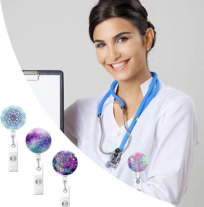 Retractable ID Badge Holder Nurse Badge Reels with Clip Name Card Holders for Office Worker Doctor Nurse (5 Pack Mandala Starry Sky)