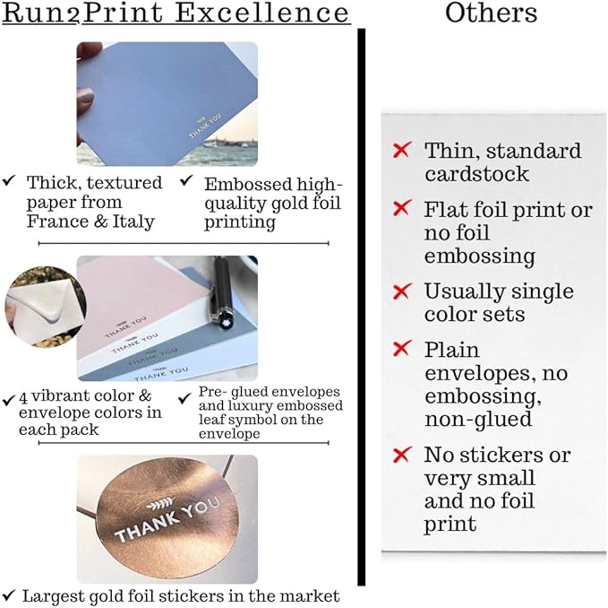 RUN2PRINT (36 Pack Thank You Cards With Envelopes & Foil Stickers - Elegant Dusty multicolored Emboss Gold Foil Pressed - Blank Notes Wedding, Bridal, Baby Shower, Business and Formal All Occasion Cards