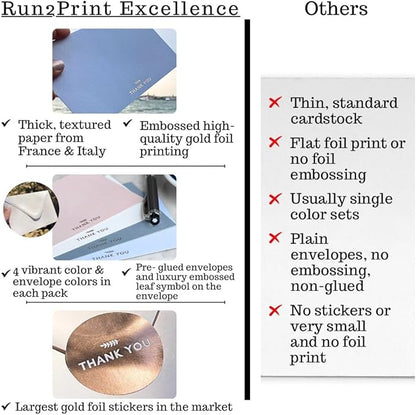 RUN2PRINT (36 Pack Thank You Cards With Envelopes & Foil Stickers - Elegant Dusty multicolored Emboss Gold Foil Pressed - Blank Notes Wedding, Bridal, Baby Shower, Business and Formal All Occasion Cards