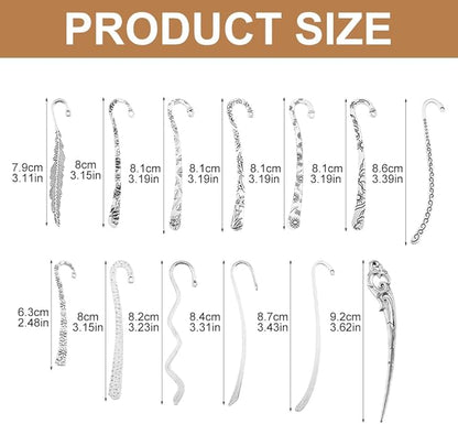 13pcs/Set Metal Bookmark for Women Men, Hairpin Hook Antique Tibetan Silver Carved Hook Bookmarks with Loop, Unique Charm Book Marker for Book Lovers Unique Gift