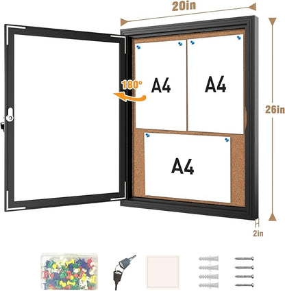 26"x20" Enclosed Bulletin Board, Outdoor Lockable Weather-Resistant Aluminum Cork Noticeboard for School & Office, Silver Frame w/Black Flet
