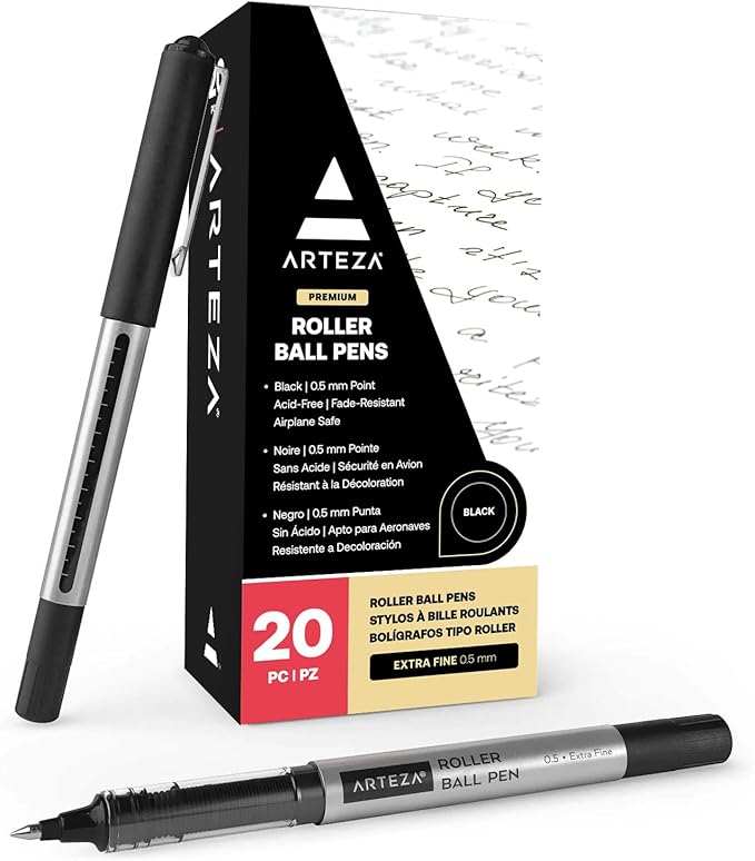 ARTEZA Rollerball Pens, Pack of 20, 0.5mm Black Liquid Ink Pens for Bullet Journaling, Fine Point Rollerball, Office Supplies for Writing, Taking Notes & Sketching