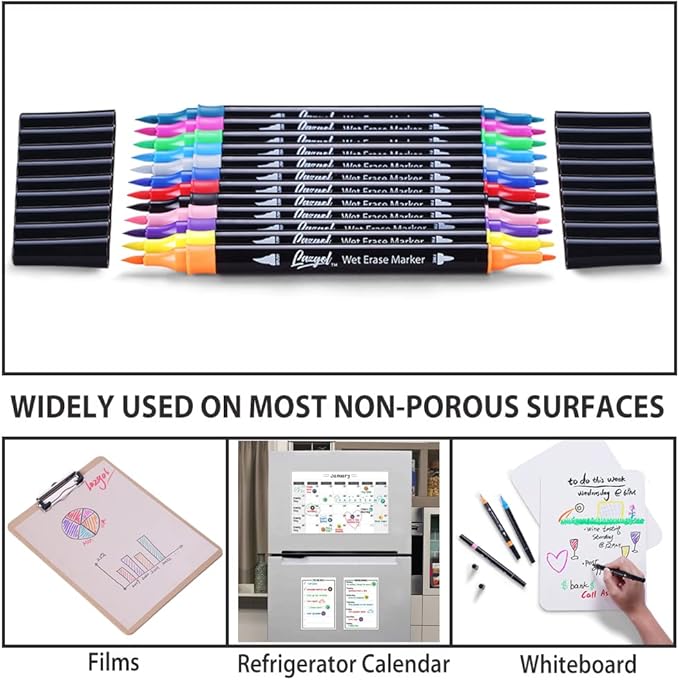 Wet Erase Markers Dual Tip, Lazgol 12 Assorted Colors, Dual Tip Brush & Fine Overhead Transparency Smudge Free Markers for Dry Erase Whiteboard, Refrigerator Calendars, Glass, Films and Any Kind of