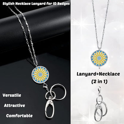 Lanyards for Women - Teacher Lanyards for ID Badges and Keys Stainless Steel Necklace Lanyard with ID Holder, Teacher Appreciation Gifts Sunflower Female Employee Nurse Accessories Work Office Jewelry