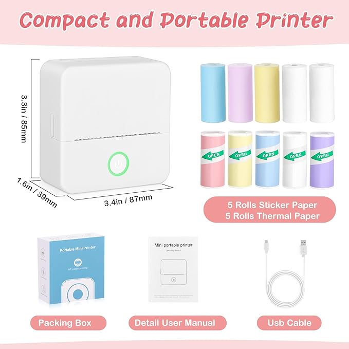 Mini Thermal Printer, Portable Mini Printer with 10 Rolls Paper, Sticker Printer Machine, Study Printer for Notes, Photos, Journals, DIY, Mini Pocket Printer Compatible with Android & iOS