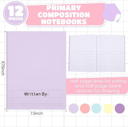 Henoyso 12 Pcs Primary Composition Notebook K-2 9 3/4 x 7 1/2 Inch Primary Journal Blank Writing Book for Kid to Write Draw and Journal 60 Page Notebook Back to School Supplies (Soft Color)