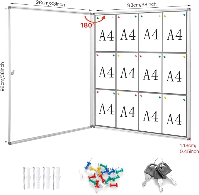SWANCROWN Lockable Felt Bulletin Indoor Display Case Big Message Center Board with Aluminium Frame,38x38 inches (12xA4)