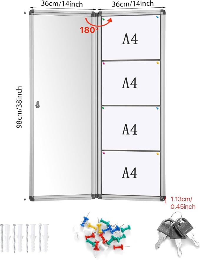 SWANCROWN Enclosed Noticeboard Grey Frabric Bulletin Boards Lockable Display Case Tamperproof with Keys Pins,38x14inch